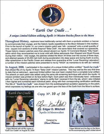 Lot #544 Edgar Mitchell: Unique flight-flown ?Earth Our Cradle? beta cloth - Image 2