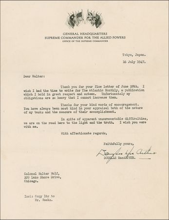 Lot #448 Douglas MacArthur: During the Japanese occupation MacArthur vows: “In spite of apparent unsurmountable [sic] difficulties, we are on the road here to the light and the truth” - Image 2