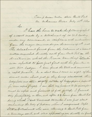 Lot #477 J. E. B. Stuart: The future Confederate general tells of pursuing an Indian chief—in amazing detail—including the capture of women and children and a soldier’s arrow wound to the face - Image 1