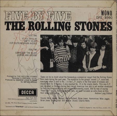 Lot #818 Rolling Stones: All five original Stones sign a rare Five by Five EP - Image 1