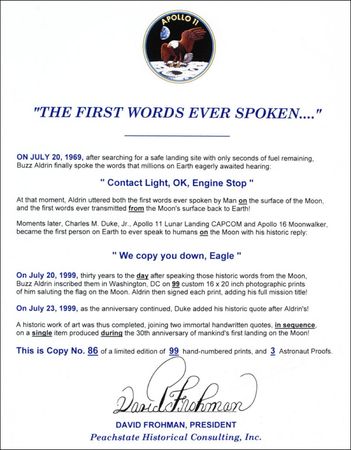 Lot #460 Apollo 11: Aldrin and Duke First Words Spoken Ltd Edition Print - Image 2
