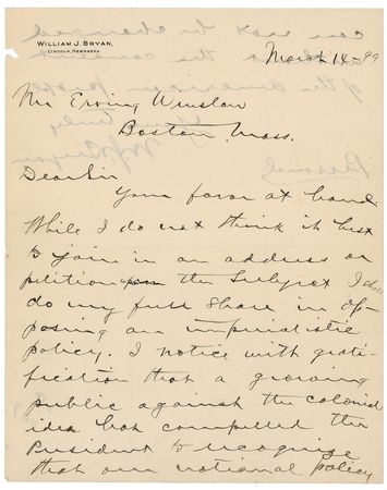 Lot #222 William Jennings Bryan: Railing McKinley over “an imperialistic policy” - Image 1