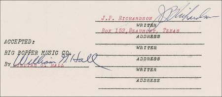 Lot #741 Big Bopper: Weeks before his death, the Big Bopper approves a financial arrangement as he answers ‘Chantilly Lace’ - Image 3