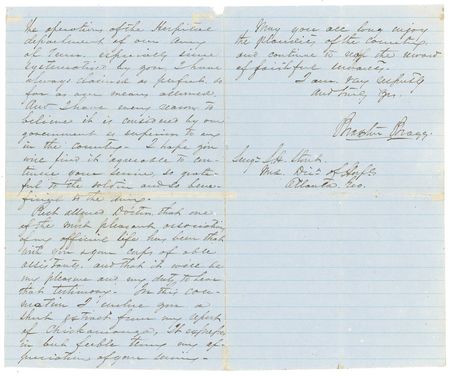 Lot #401 Braxton Bragg: “I enclose you a short extract from my report at Chickamauga,” Bragg writes in 1864, the year following the famed Confederate victory - Image 2