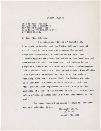 Lot #264 Albert Einstein: Einstein seeks to ?overcome the present dangerous international situation? but refuses to have his words twisted - Image 1