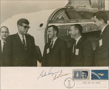 Lot #500 John F. Kennedy, Gus Grissom, and Gordon Cooper: NASA’s great champion JFK with Gus Grissom and Gordon Cooper - Image 1