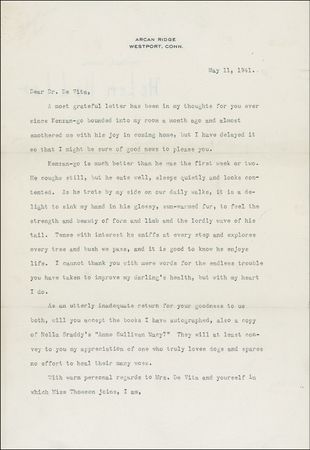 Lot #303 Helen Keller: A grateful Keller thanks the veterinarian who treated her beloved guide dog: ?I cannot thank you with mere words for the endless trouble you have taken to improve my darling?s health? - Image 1