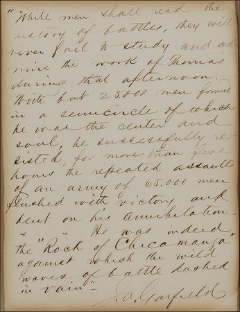 Lot #61 James A. Garfield: Garfield eulogizes George Thomas: ?He was indeed the ?Rock of Chicamauga [sic]? against which the wild waves of battle lashed in vain? - Image 2