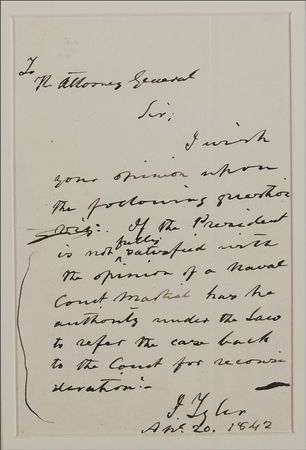 Lot #185 John Tyler: Tyler consults his attorney general on the presidential Constitutional powers regarding a court-martialed naval officer - Image 1