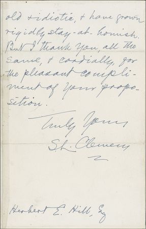 Lot #551 Samuel L. Clemens: ?I hardly ever accept an invitation to a public dinner. I...have grown rigidly stay-at-homish? - Image 2
