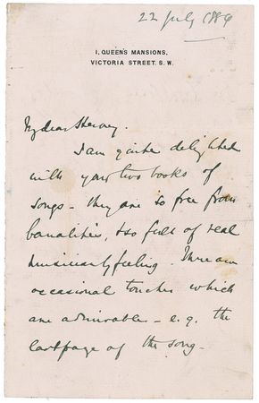 Lot #712 Arthur Sullivan: Sullivan praises a friend?s work, ?so free from banalities, and full of real musicianly feeling? - Image 1