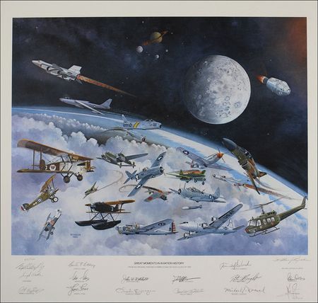 Lot #494 Great Moments In Aviation History: Scarce 1982 Great Moments In Aviation History litho, signed by 15 aviation pioneers, the only edition in the entire series signed by Neil Armstrong - Image 1
