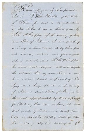 Lot #297 Sam Houston: Senator Sam Houston of Texas releases his claim on Illinois land obtained for his service in the War of 1812 in exchange for $1 - Image 1