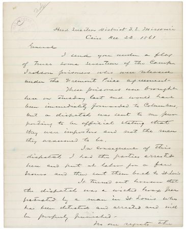 Lot #68 U. S. Grant: His first battle as a commanding general nearly his last, Grant rectifies a ?wicked hoax,? offering Leonidas Polk ?a flag of truce? to return Confederate troops captured during the Battle of Belmont - Image 1