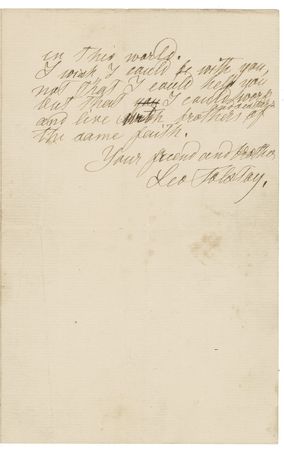 Lot #641 Leo Tolstoy: Tolstoy joyously wishes the Brotherhood Church the gifts of “patience, humility, goodwill and forgiveness” as they strive toward “the greatest that can be attained in the world” - Image 2