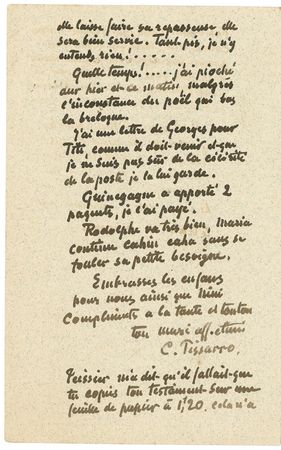 Lot #614 Camille Pissarro: The French Impressionist writes to his wife of their son, pending fees, hard work and “the imbeciles at the Hotel” - Image 3