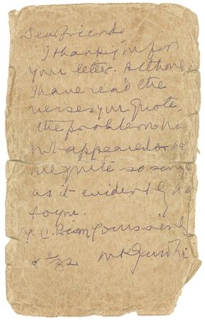 Lot #277 Mohandas Gandhi: A rare example as Gandhi replies?in English?to a Welshman?s question concerning Christianity - Image 1