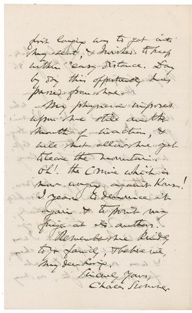 Lot #374 Charles Sumner: Severely beaten after criticizing his Senate opponents, a still-defiant Sumner laments “Oh! The crime which is now waging against Kansas! I yearn to denounce it again & to point my finger at its author” - Image 2