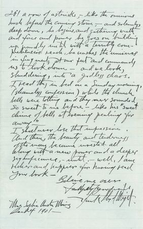 Lot #647 Frank Lloyd Wright: Beautiful, albeit strange, prose in a letter from early in his historic career - Image 2