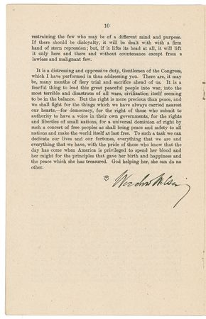 Lot #201 Woodrow Wilson: Wilson signs a copy of his speech asking for a declaration of war against Germany - Image 1
