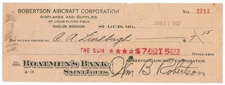 Lot #469 Charles Lindbergh: Lindbergh cashes a check while hard at work on the Spirit of St. Louis - Image 1
