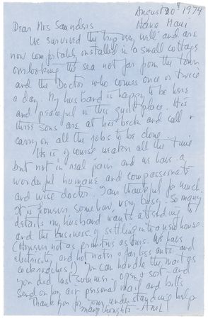 Lot #468 Anne Lindbergh: With Charles on his deathbed, Mrs. Lindbergh confides “My husband is happy to be here and peaceful in this quiet place” - Image 1