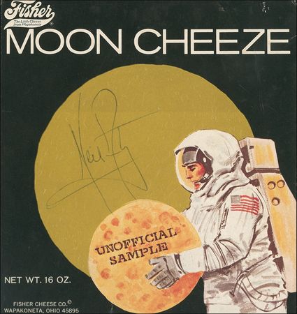 Lot #441 Neil Armstrong: The First Man on the Moon signs a box of Moon Cheeze made in his hometown on Earth - Image 1