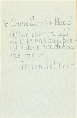 Lot #280 Helen Keller: Keller comforts Carrie Jacobs-Bond by referencing Tennyson: ?All of love in all of life has happened when we cross the Bar? - Image 1