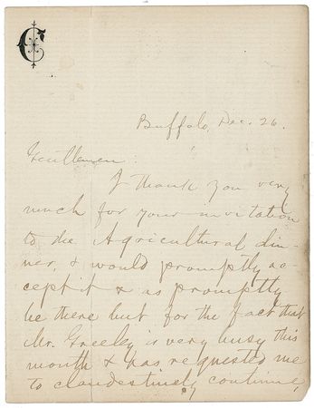 Lot #518 Samuel L. Clemens: Clemens wittily blames his clandestine work for Horace Greeley in declining an invitation from the New York Rural Club - Image 1