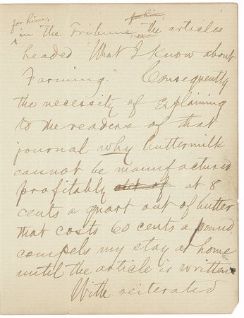 Lot #518 Samuel L. Clemens: Clemens wittily blames his clandestine work for Horace Greeley in declining an invitation from the New York Rural Club - Image 2