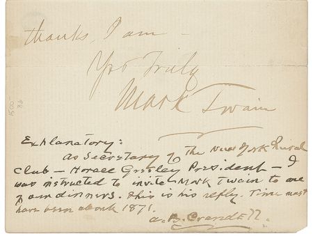 Lot #518 Samuel L. Clemens: Clemens wittily blames his clandestine work for Horace Greeley in declining an invitation from the New York Rural Club - Image 3