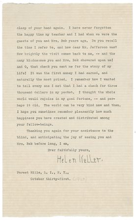 Lot #281 Helen Keller: Two decades later, Keller thanks a magazine editor who helped bring her story to life - Image 2