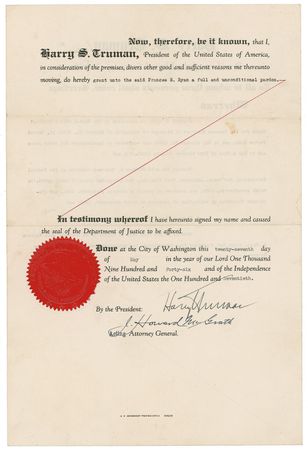 Lot #163 Harry S. Truman: President Truman seeks to right a perceived wrong of the Missouri political machine from his days as a senator - Image 1