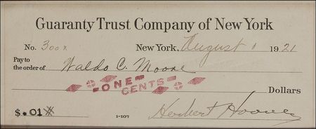 Lot #28 Herbert Hoover: Rare one-cent Hoover check