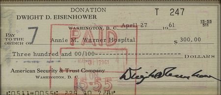 Lot #31 Dwight D. Eisenhower: Incredibly scarce Eisenhower check as the former president donates to a Gettysburg hospital in 1961 - Image 1