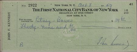 Lot #32 John F. Kennedy: A rare check as JFK, gearing up for his White House run, mistakenly remits a double payment to Pitney-Bowes - Image 1