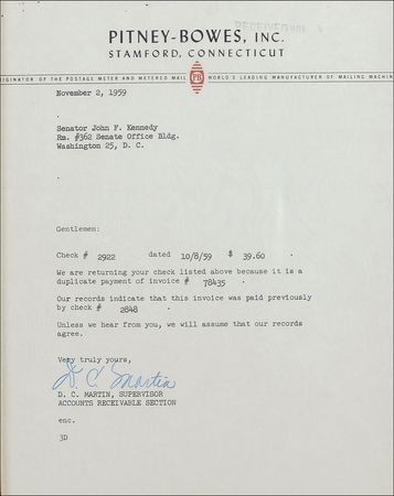 Lot #32 John F. Kennedy: A rare check as JFK, gearing up for his White House run, mistakenly remits a double payment to Pitney-Bowes - Image 2