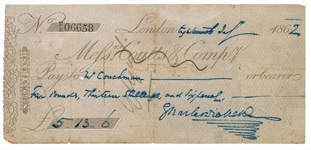 Lot #526. Charles Dickens: Scarce handwritten bank check from Dickens