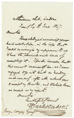 Lot #527. Charles Dickens: Writing from the Athenaeum Club, Dickens is forced to decline an invitation