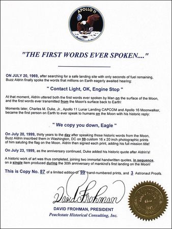 Lot #437 Apollo 11: Aldrin and Duke First Words Spoken Ltd Edition Print - Image 2