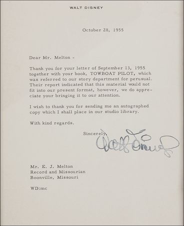 Lot #625 Walt Disney: Disney politely declines a story idea from a Missouri riverboat captain - Image 2