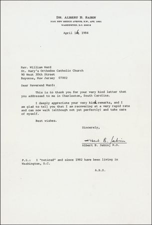 Lot #328 Albert Sabin Letter and Photograph - Image 2
