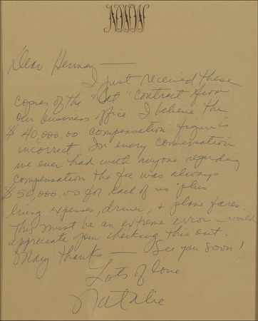 Lot #1059 Natalie Wood: Wood calls attention to a contract?s ?extreme error? for a 1976 Cat on a Hot Tin Roof production: ?In every conversation we ever had with anyone regarding compensation, the fee was always $50,000? - Image 2