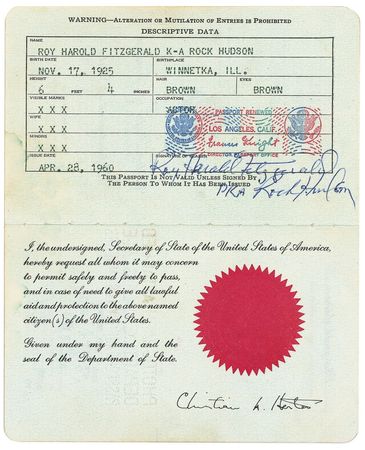 Lot #929 Rock Hudson: A one-of-a-kind item from one of Hollywood’s biggest stars—Rock Hudson’s passport - Image 1