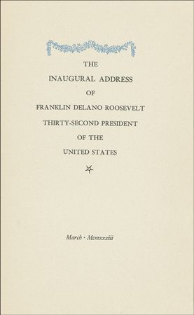 Lot #127 Franklin D. Roosevelt: Exceedingly rare signed hardcover copy of FDR’s 1933 inaugural address, featuring his historic pronouncement, 