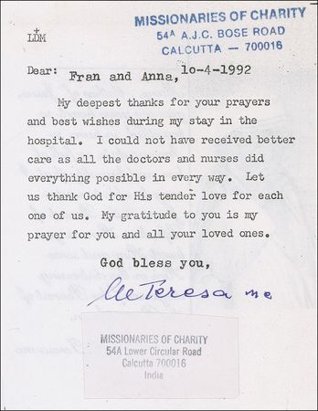 Lot #286 Mother Teresa Typed Letter Signed - Image 1