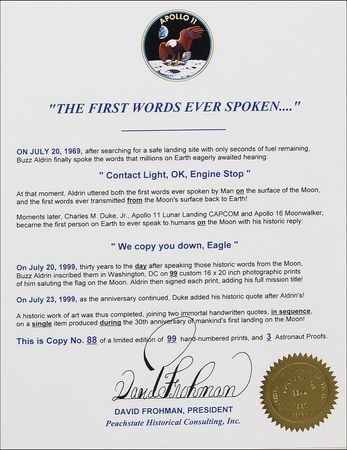 Lot #450 Apollo 11: Aldrin and Duke First Words Spoken Ltd Edition Print - Image 2