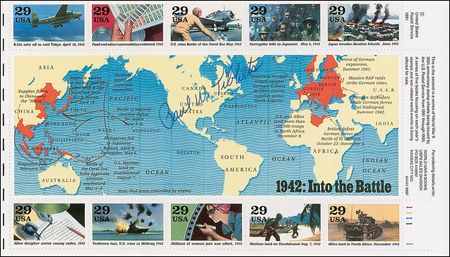 Lot #378 Enola Gay: Paul Tibbets Photograph and Stamps - Image 2