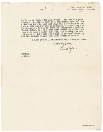 Lot #347 Henrietta Szold: Burdened by repeated requests from Americans, Zionist leader Szold says she is unable to help with job placement in Palestine - Image 2