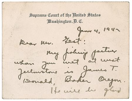 Lot #327 Supreme Court: William O. Douglas: “I recommend Silver Creek...If you fish it near the Point of Rocks about 5 or 5:30 in the afternoon until dark you’ll get a thrill” - Image 1